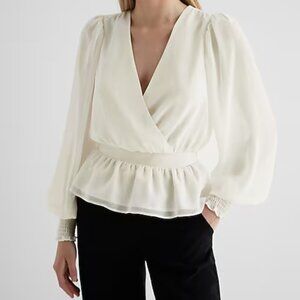 EXPRESS V-Neck Smocked Cuff Peplum Top CREAM SIZE SMALL NWT